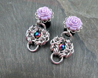 Dangle Plugs - 0g 8mm - Chainmaille Rosette - Rose Gauges - Rainbow Plugs - Flower Plugs - Chainmail Jewelry - Plug Earrings