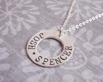 Sterling Silver Circle Washer Necklace with Kids Names Hand Stamped