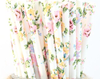 Floral paper straws-set of 25- garden party straws, tea party straws, flower straws, floral straws, vintage floral straws, wedding st