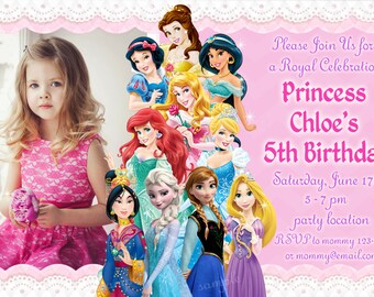 SALE, Disney Princess Birthday Invitation, Disney Princess Invitation, Princess Invitation, girls Birthday Invitation- Digital file