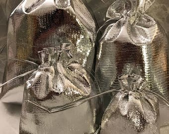 Set of 5 Shiny, metallic silver fabric gift pouches - choose a size