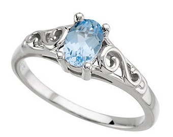 925 Sterling Silver March Imitation Aquamarine Youth March Birthstone Ring USA 5