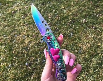Rainbow Holo LOVE Heart Pocket Knife