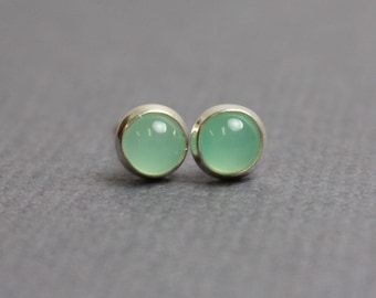 Chrysoprase Stud Earrings, Tiny Chrysoprase Earrings, 4mm Chrysoprase Earrings, Chrysoprase Sterling Silver Earrings, Green Studs