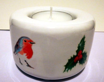 Robin with Holly Tealight Candle Holder - Ceramic Hand Printed