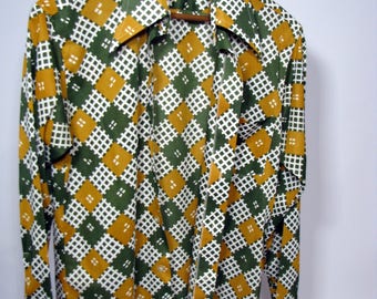 Vintage 70s Shirt, 1970s Sears, Kings Road Shirt, Abstract Print, Club Shirt, Polyester, Butterfly Collar, long sleeve, Medium
