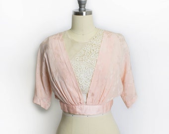 Victorian Silk Blouse - Cropped Bodice Pink Jacquard & Lace Antique Edwardian 1910s - XXS
