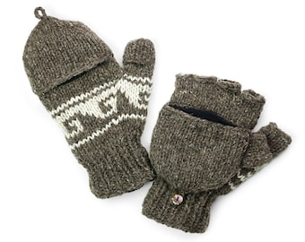 Wool Convertible Mittens, Texting Gloves, Hand Knit Glittens - Natural Brown - 1590Y