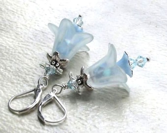Pale Blue Lucite Flower Earrings, Swarovski Crystals, Silver Accents and Earwires, Spring Floral Jewelry Mother's Day Gift