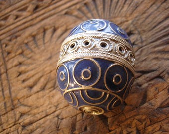 Enamel very large Moroccan marjorelle blue focal focal round barrel bead