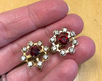 Vintage 1950s P&F Couture Gold Filled Rhinestone and Garnet Screw Back Earrings Old Hollywood Glam Costume Jewelry Wedding Cocktail Party