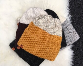 Double Brim Hat // Knit Hat // Slouchy Beanie // in Mustard, Wheat