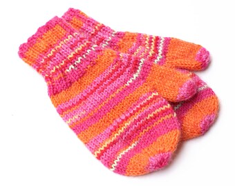 Toddler Girl Knit Pink and Orange Mittens With Thumbs. 12 to 18 Months. Kids Thumbed Winter Mittens. Childs Wool Handwarmers