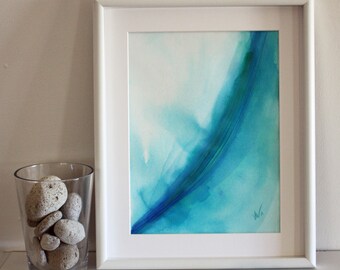 Original Abstract Turquoise Blue Painting on Paper by Leah Gay - Tropical Wall Artwork - Gouache Pencil Oil Pastel Watercolour Small