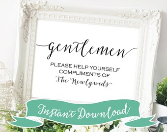 SALE PRINTABLE 5 x 7 Gentlemen Please Help Yourself Compliments of the Newlyweds. Women's Wedding Bathroom basket Sign. Sign for Restroom.