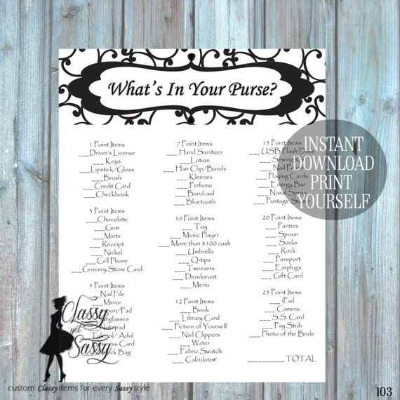 Wedding Shower Game, Bridal Shower Game Printable Game What's in Your Purse Digital Download 103