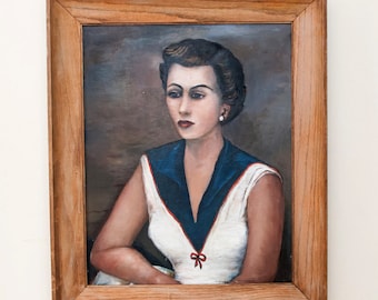 1940s Lady Oil Portrait Painting of Woman on Canvas, signed