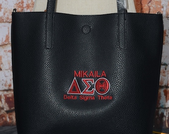 Delta Sigma Theta Sorority Personalize Handbag - Monogrammed Embroidery Faux Leather Tote - Magnetic Closure bag - Personalized Gift -