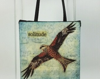 Solitude - Soaring Hawk Word Art Ornament Woodland Wild Bird Beeswax Collage Miniature Art