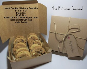 Kraft Cookie Box, 6 Kraft Cookie Exchange , Bakery Box Kits - 8" x 8" x 3" includes Kraft boxes, wax liners, Jute Twine & Kraft Tags
