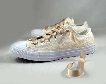 Monochrome Champagne Bridal Converses --Lace Converse -- Wedding Tennis shoes - Wedding Converse