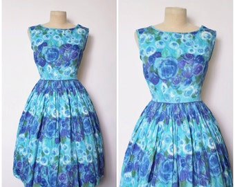 1950s Dress | 1960s Blue Floral Print Dress | Floral Dress | Full Skirt Dress | XS - S
