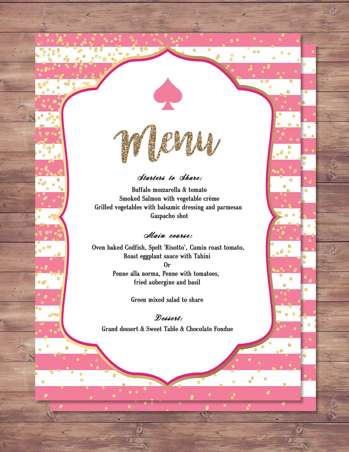 Spade party, menu, bridal shower, brunch, decor, sweet 16, birthday, wedding, baby shower ...