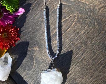 Crystals quartz chunk necklace with hematite, one of a kind crystal necklace, crystal pendant necklace, silver crystal necklace, healing