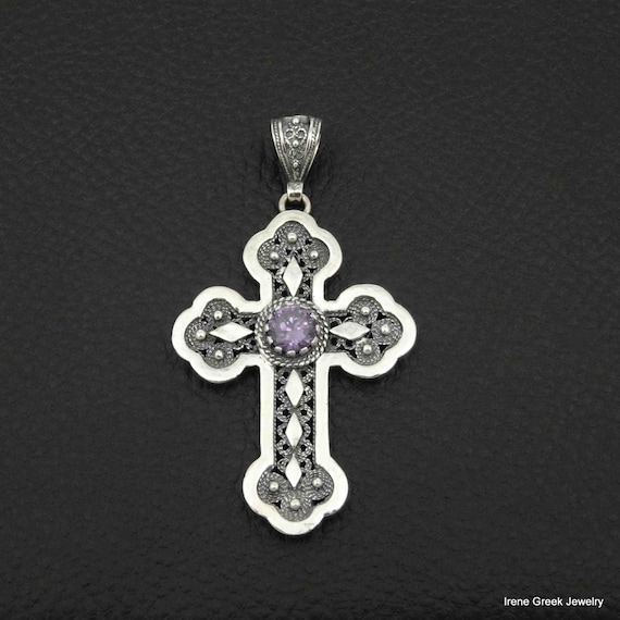 Purple Amethyst Cz Cross Byzantine Style 925 Sterling Silver