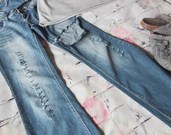 Ripped Jeans, Torn, Boho, Blue Jeans, Boot Cut, Low rise, Hippie, Juniors Size 7, Distressed, Tattered , Grunge Rock Fashion,Trendy, Funky