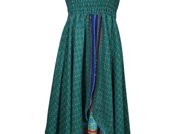 Teal Green Recycled Halter Dress Vintage Printed Two Layer Hippie Chic Summer Fashion Resort Sundress