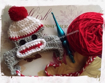 Sock Monkey Dog Hat - Crochet (Red)
