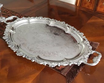 Large Wallace Silver Plate Victorian Style 28" Oval Serving Tea Tray / Slaver ,Made in England, Acanthus Design, Salver, Waiter Tray