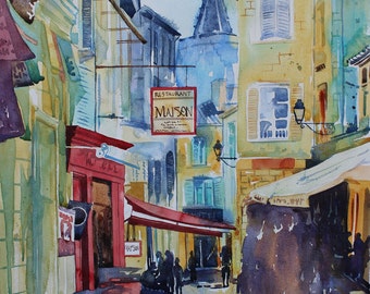 Original watercolour streetscene of France French town, Avignon, French street, townscape, city art, painting of Avignon, French watercolour