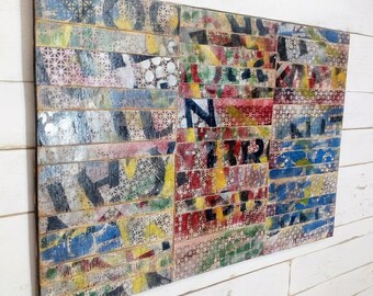 Large wood wall art painting-45"x30"-Distressed enamel paint on plywood with random rearrangement (2/25)