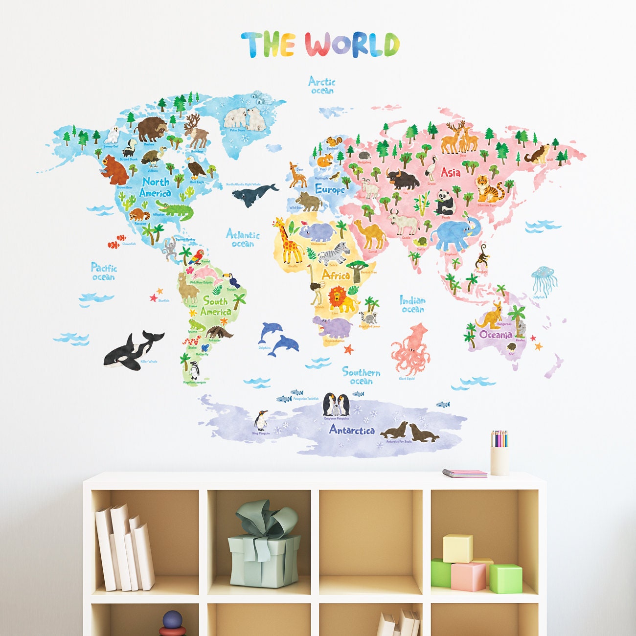 Decowall DLT 1615 Animal World Map Wall Stickers