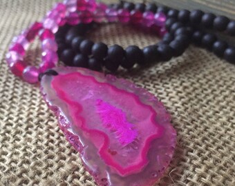 108 Bead Spiritual Junkies Black Sandalwood, Pink Agate + Pink Sliced Agate Pendant Yoga and Meditation Mini Mala (6 mm beads)