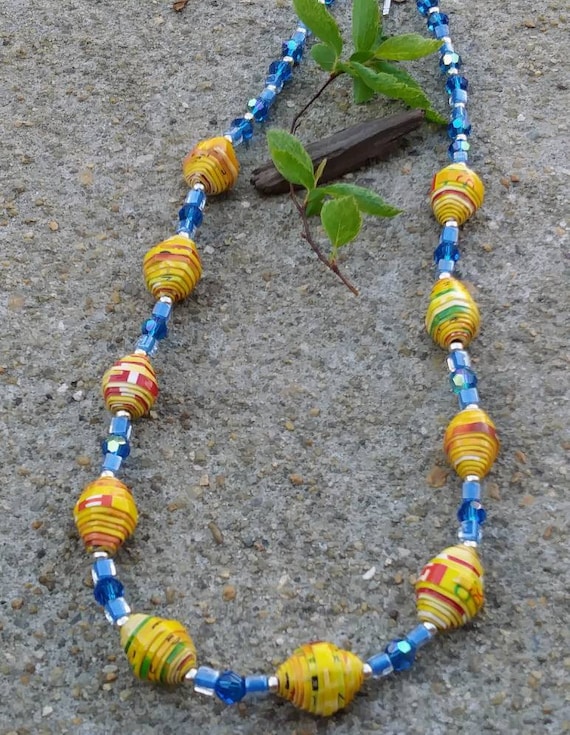 Yellow and blue necklace/ paperbead and swarovski crystal necklace/ sterling silver
