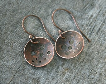 Copper Earrings - Disc Earrings - Oxidized Jewelry - Small Copper Dangle Earrings - Copper Anniversary Gift - Rustic Jewelry