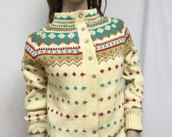 Cardigan Sweater ,Soft sweater, Small,button up,sweater,yellow,red,gold,turquoise