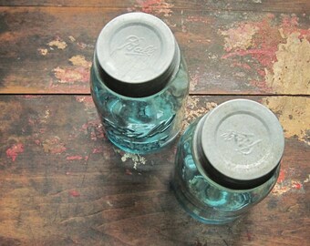 Aqua Ball Jars & Zinc Lid ~ Vintage Quart Size Perfect Mason ~Farmhouse Wedding Table Flower Vase Supply and Collection Jar / 0167