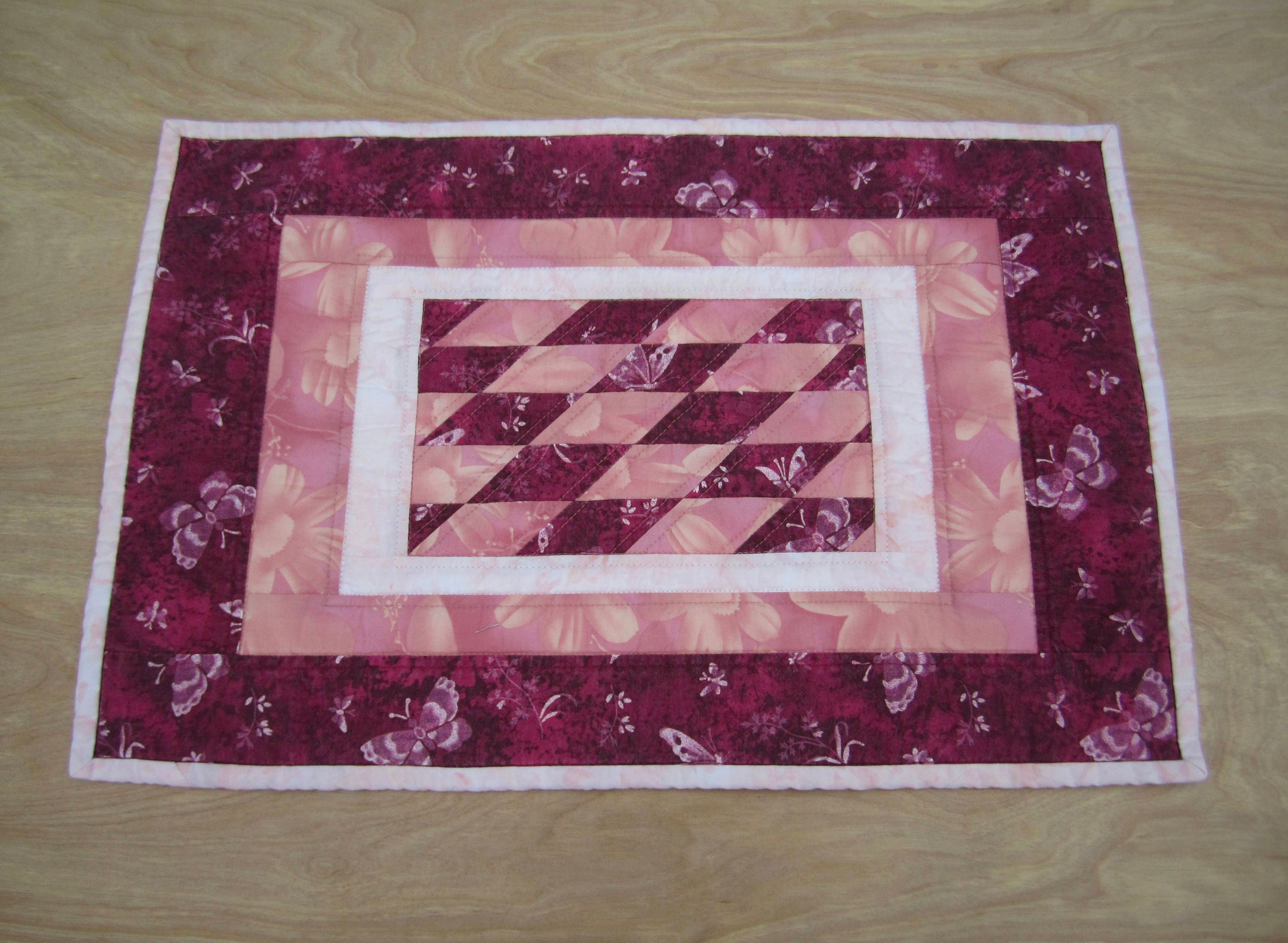 Quilted Table Mat Flowers and Butterflies Maroon
