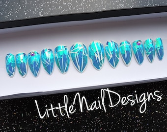 Hand Painted Shattered Glass Iridescent Holographic False Nails | Little Nail Designs