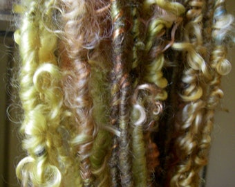 Handspun Tailspun Art Yarn of Wensleydale Wool Locks in Gold Lime Pink with Icelandic Silk by KnoxFarmFiber for Weave Knit Embellishment