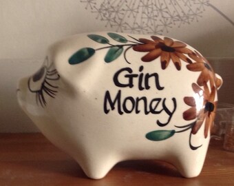 Vintage Hand Painted Gin Money Pig Money Bank , Mid Century Hand Painted Piggy Bank , Hand Painted Ceramic Money Box