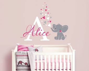 Elephant Custom Name Personalized Initial Wall Decal Sticker for Nursery, Girl's Room or Playroom, Nursery Monogram