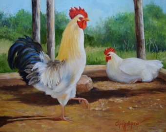 Country Animal Painting,White Rooster And Hen, 14x18 Canvas Original Oil Painting by Cheri Wollenberg
