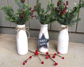 Custom Rustic Holiday Christmas Painted 6" Milk Bottle w/ twine, frosted evergreens & berries, chalkboard tag, holiday decor