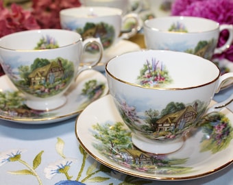 FOUR (4) ROYAL VALE Bone China Teacup and Saucer Set "Pattern 7382",