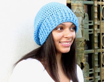 Crochet Slouchy Hat, Women, Men, Teen, Slouch Hat, Tam, Adult, Aqua, Ribbed,